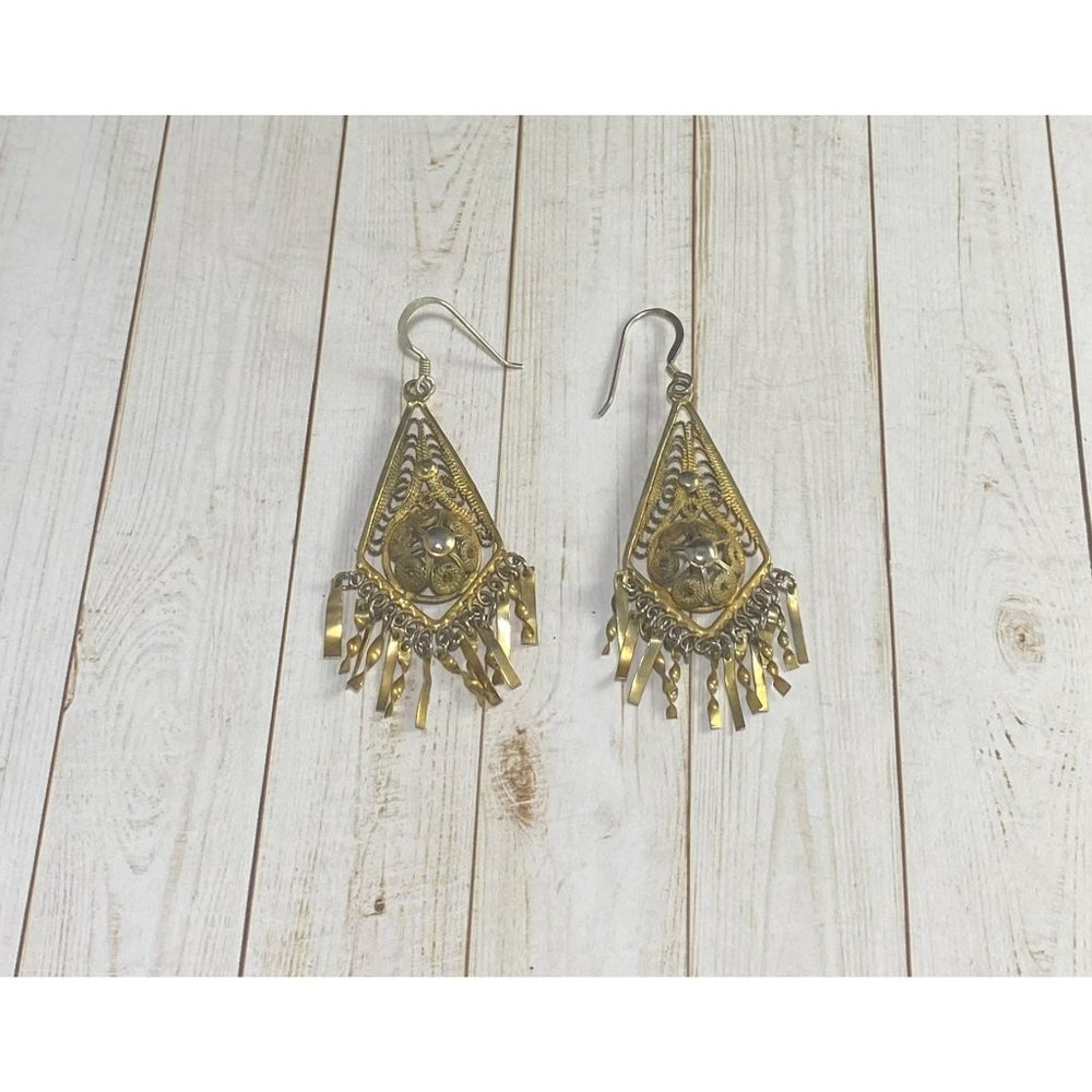 Vintage Victorian Filigree Dangle Earrings Vermeil Tone 925 Hooks - Picture 3 of 7